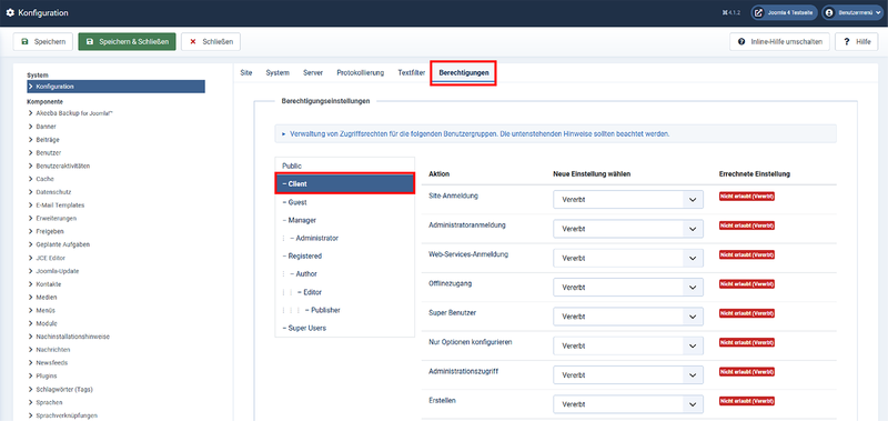 Globale Konfiguration - Berechtigungen für "Client"