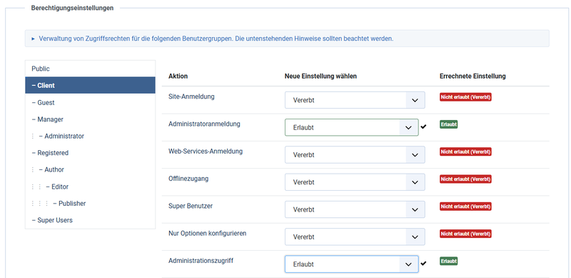 Berechtigungen erteilen für "Client"