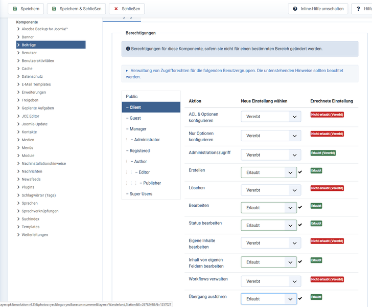 Berechtigungen für "Beiträge"