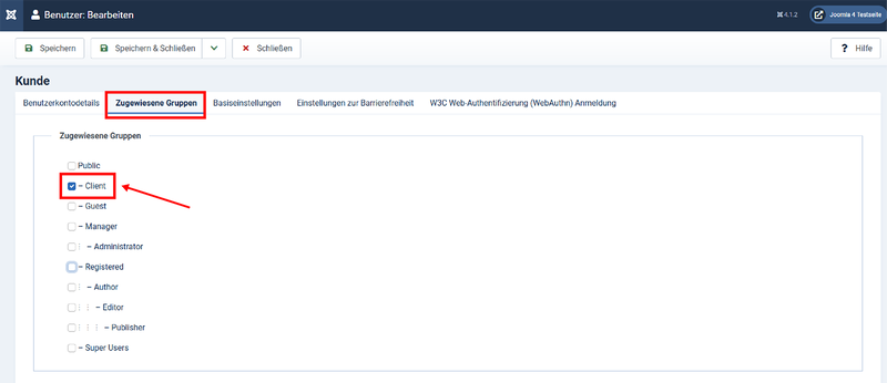 Zugewiesene Gruppe(n) für den Test-Benutzer