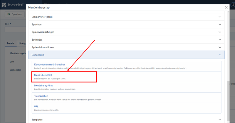 Wähle als Typ "Menüüberschrift"