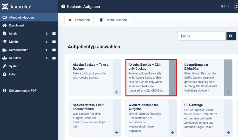 Akeeba Backup bringt eigene planbare Aufgaben mit